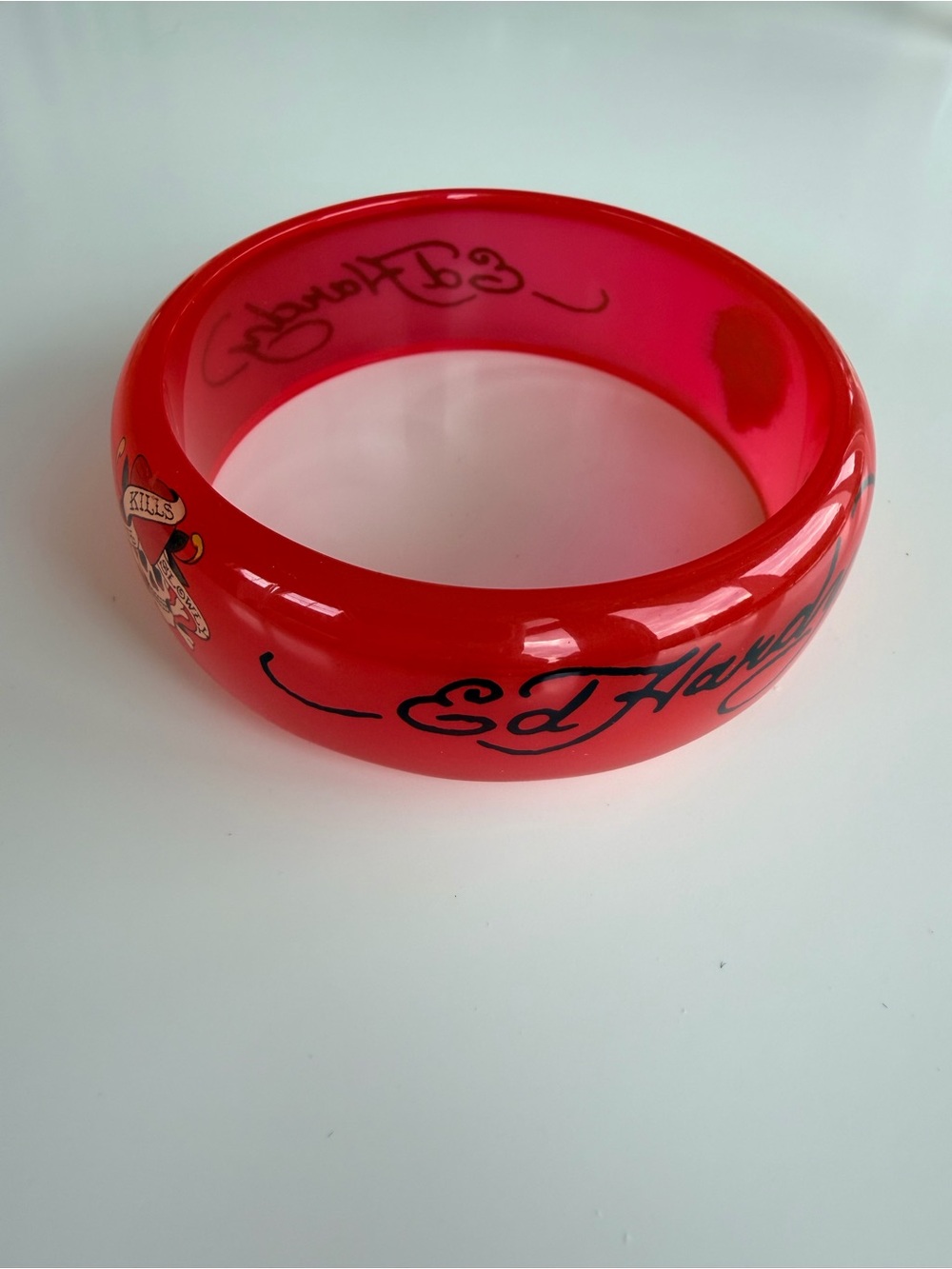 Ed Hardy Red Lucite Bracelet with Black Script